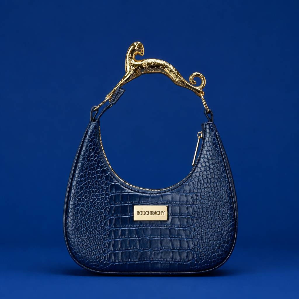 Bouchrachy. Crescent moon, leopard. Deep Ocean Blue